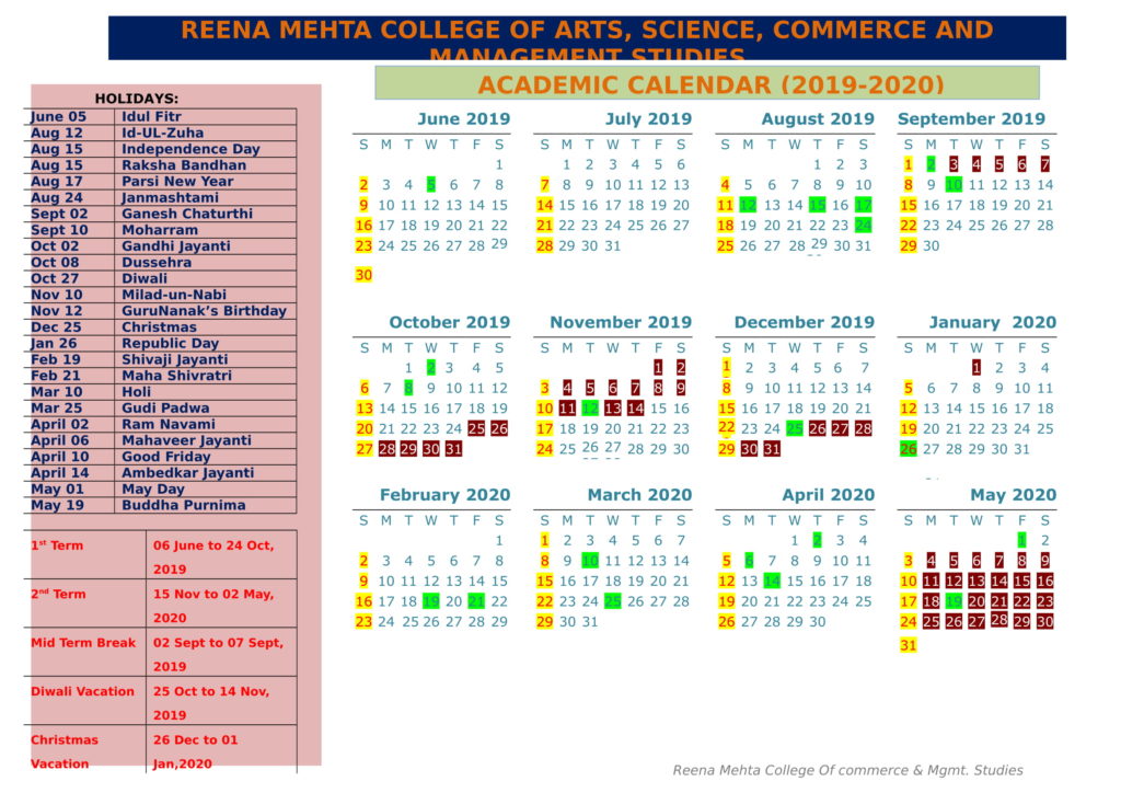 Academic Calendar Reena Mehta College