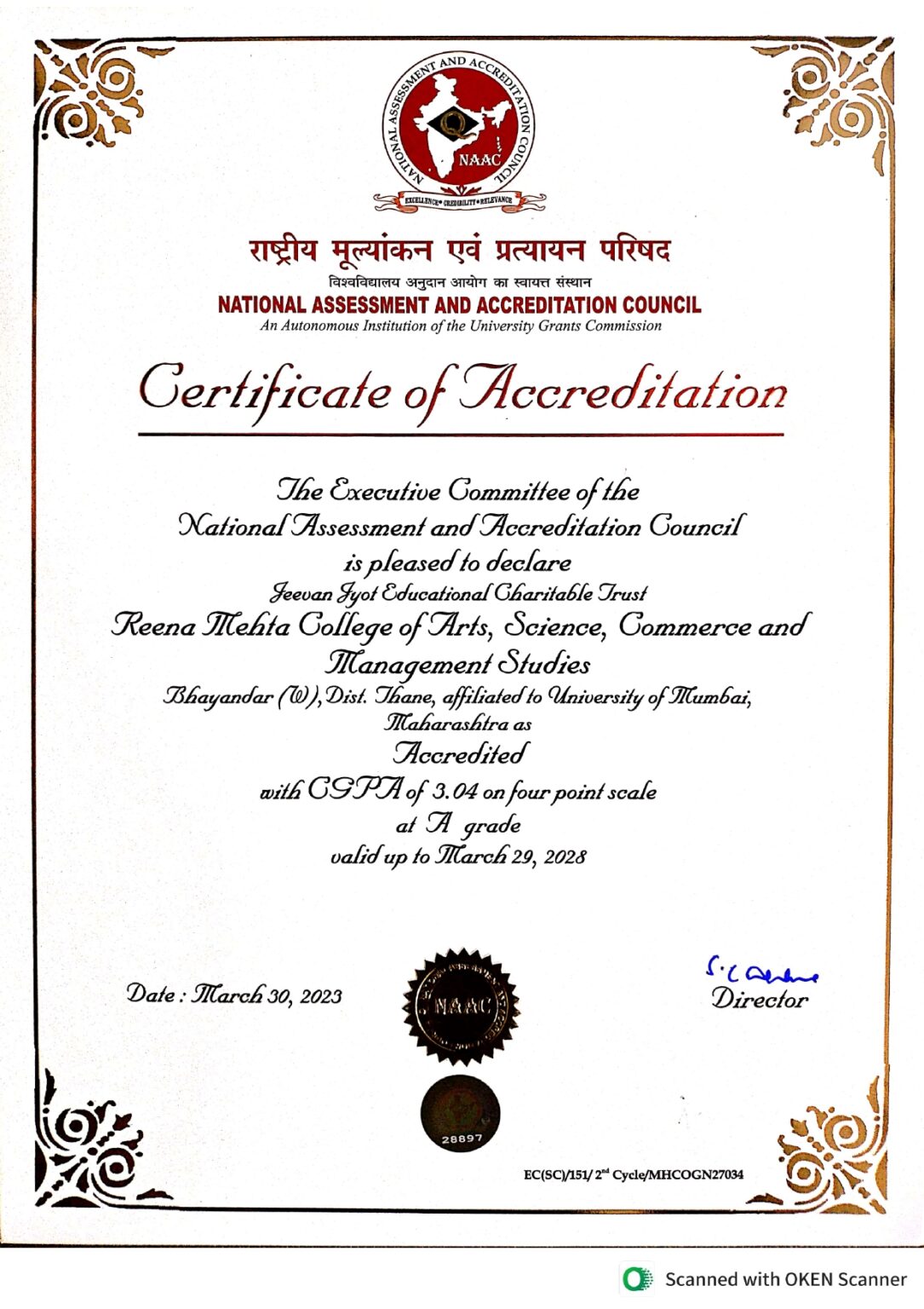 NAAC Certificate - Reena Mehta College